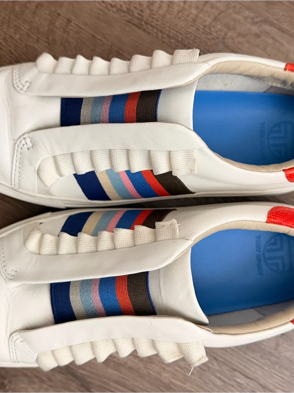 Tory Burch White Leather Slip-On Sneakers with Multicolor Stripe Detail